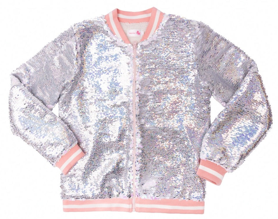 Chocolate Rainbows Sequin Jacket with Studded Logo Patch and Fleece Lining - Pink Frost | Shimmer Silver
