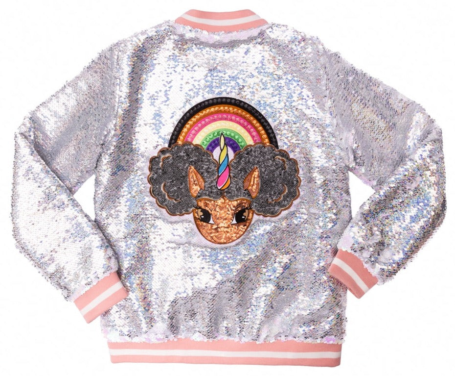 Chocolate Rainbows Sequin Lined Jacket with Studded Logo Patch - Pink Frost