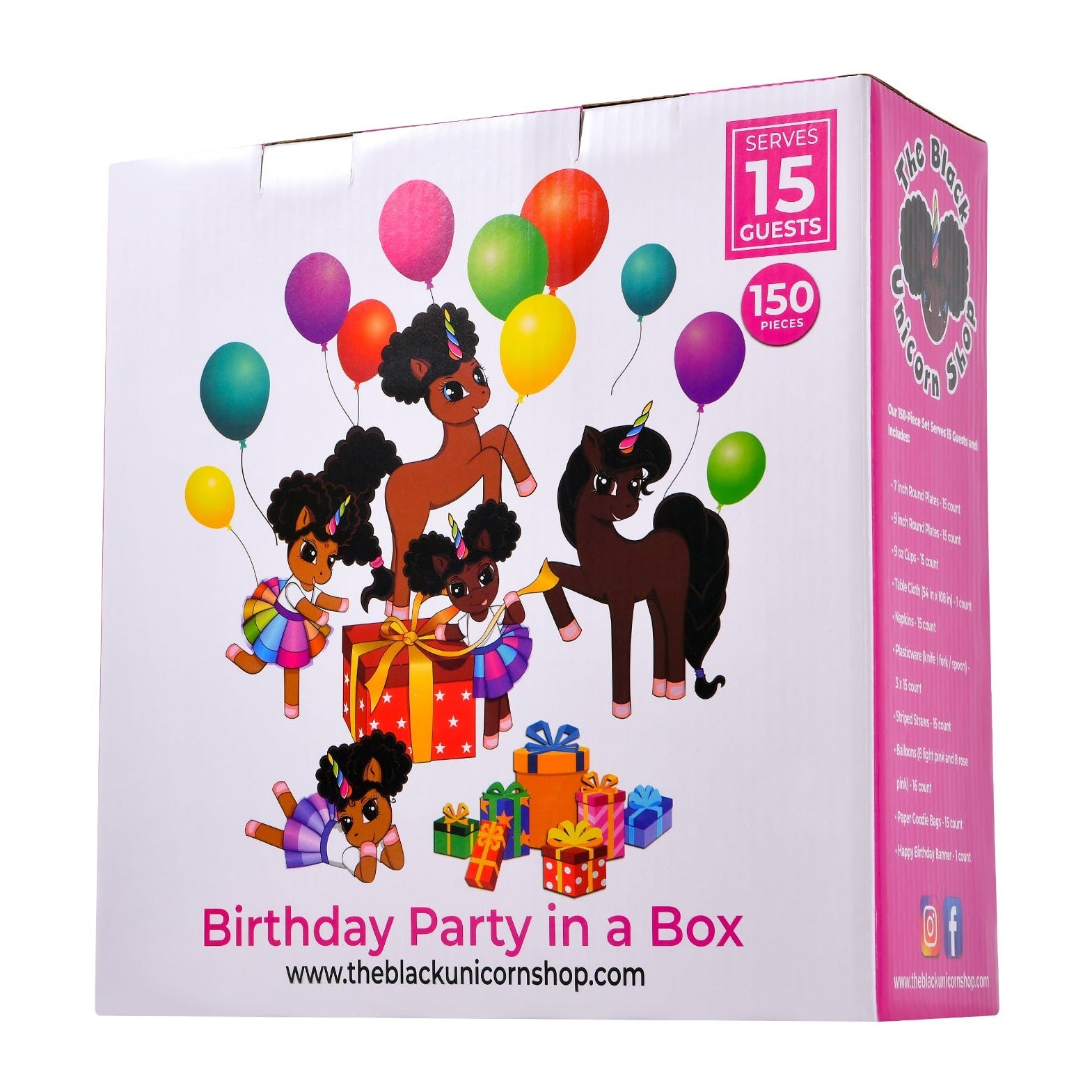 Black Unicorn Birthday Party in a Box for 15 guests - White